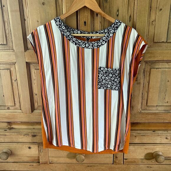 Porridge Clothing Womens XS Striped‎ Blouse Tee Orange White Blue Floral Trim - Picture 1 of 10
